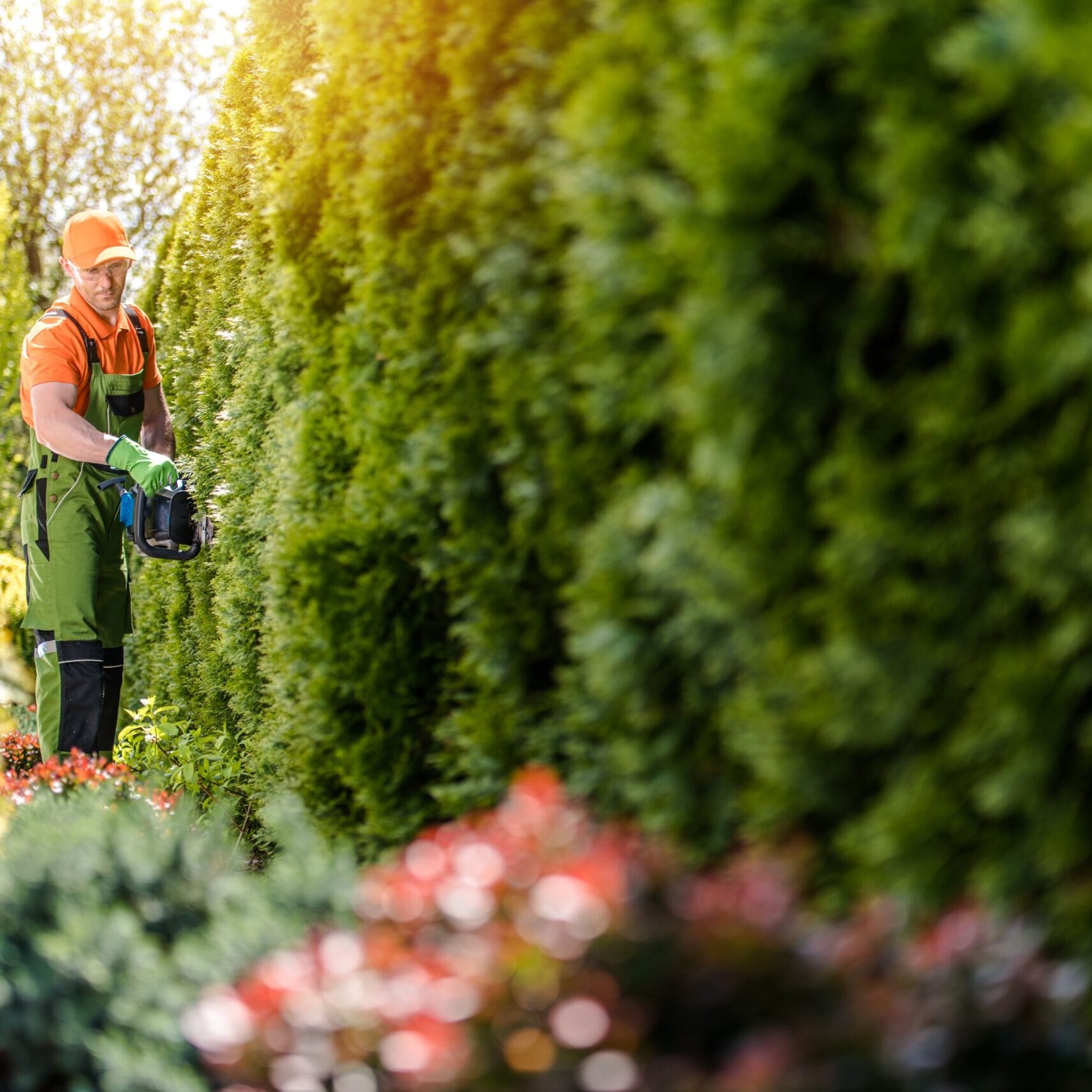 Men Trimming Wall of Garden Thujas Hedge Using Gasoline Trimmer. Caucasian Gardener in His 30s.